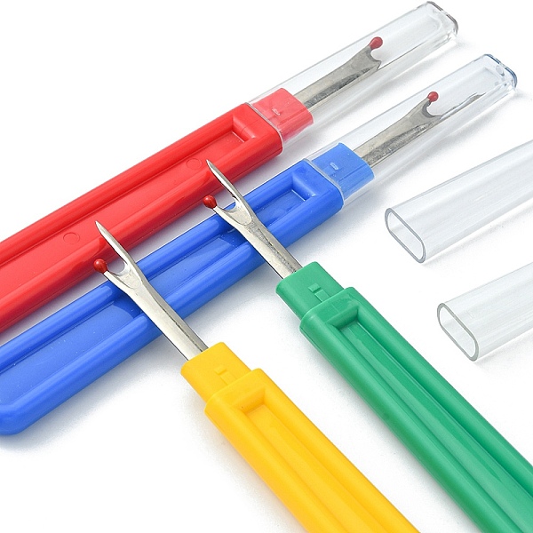 

PandaHall 4Pcs 4 Colors Plastic Handle Iron Seam Rippers, Platinum Metal Color, Mixed Color, 141x17x7mm, 1pc/color Iron Multicolor