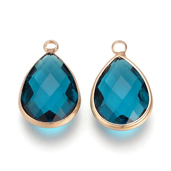 

PandaHall Glass Pendants, with Brass Findings, Faceted, Drop, Light Gold, Dark Turquoise, 18x10.5x4.5mm, Hole: 1.8~2.3mm Brass+Glass..., Cyan