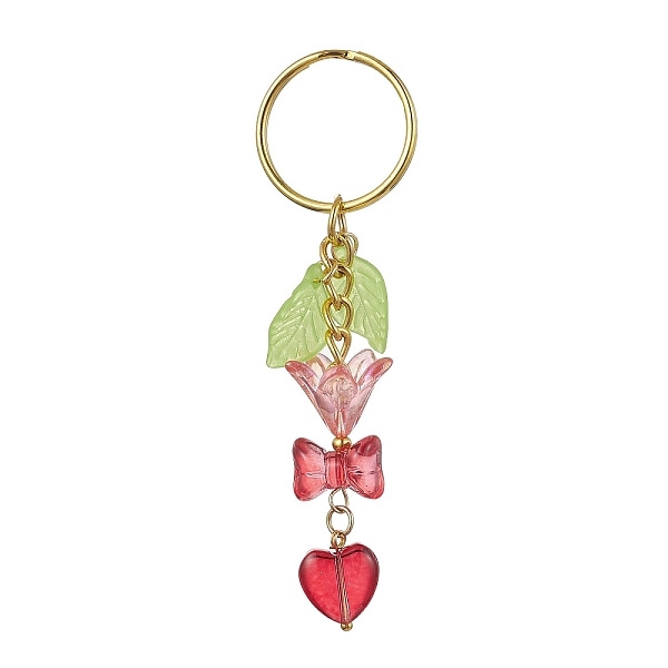 

PandaHall Bowknot & Heart Glass Pendant Decorations, with Acrylic Leaf/Flower Charm amd Iron Split Key Rings, Red, 8.8cm Glass Flower Red