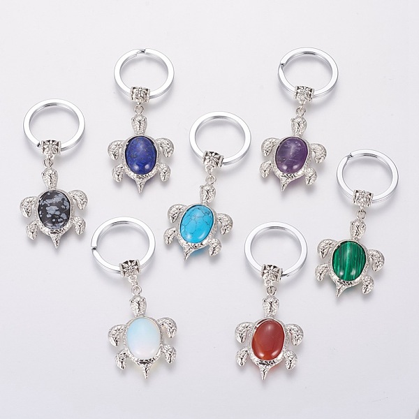 

PandaHall Natural/Synthetic Mixed Stone Keychain, with Iron Split Key Rings and Brass Finding, Sea Turtle, 69~70mm Mixed Stone Tortoise