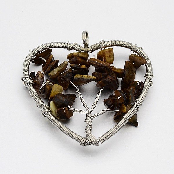 

PandaHall Brass Gemstone Pendants, Heart with Tree of Life, Platinum, 46~50x48~53x10mm, Hole: 5mm Tiger Eye Heart