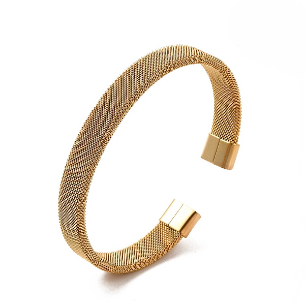

PandaHall 304 Stainless Steel Flat Mesh Chains Shape Open Cuff Bangle for Women, Real 18K Gold Plated, Inner Diameter: 2x2-1/2 inch...