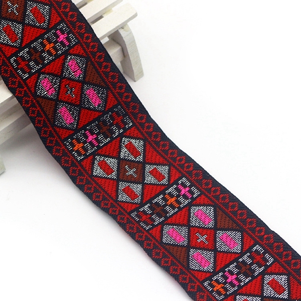 

PandaHall Flat Ethnic Style Embroidery Polyester Ribbons, Jacquard Ribbon, Garment Accessories, FireBrick, 2 inch(50mm), about 7.66 Yards..., Red