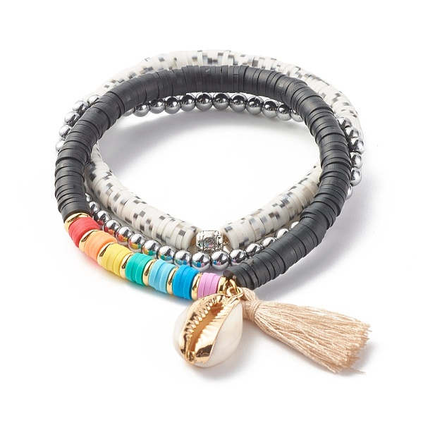 

PandaHall Polymer Clay Heishi Beads Stretch Bracelets Set, Natural Cowrie Shell and Cotton Tassel Charm Bracelets, Alloy & Synthetic..., Multicolor