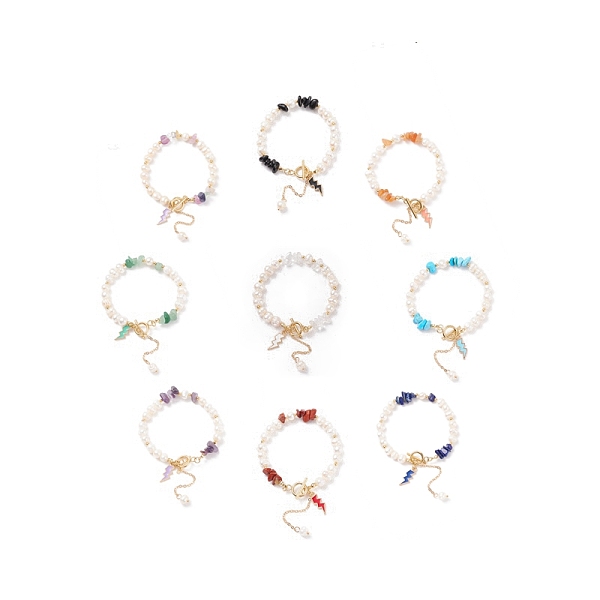 Natural Mixed Stone Chips & Pearl Beaded Bracelet With Enamel Lighting Bolt Charms