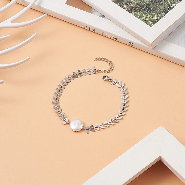 Natural Pearl Link Bracelet With 304 Stainless Steel Cobs Chains For Women