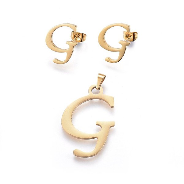 

PandaHall 304 Stainless Steel Pendants and Stud Earrings Jewelry Sets, Alphabet, Letter.G, 32.5x22x1.5mm, Hole: 6x3mm, 18x13.5x1.5mm, Pin...