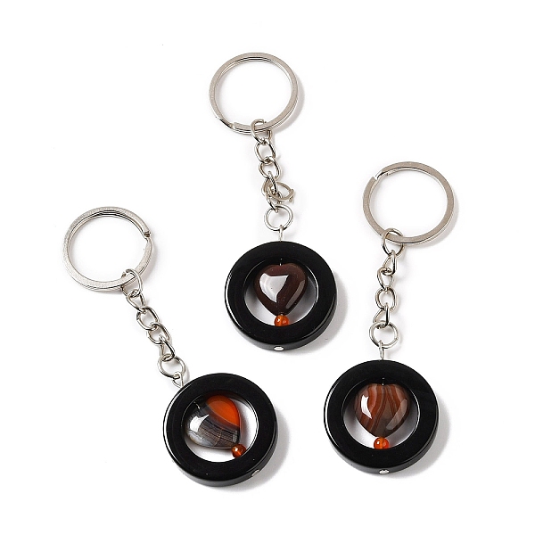 

PandaHall Natural Agate Pendant Keychain, with Iron Key Ring, Flat Round with Heart, 9cm Natural Agate Flat Round