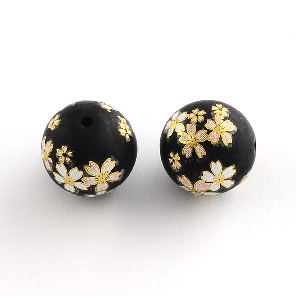 

PandaHall Flower Picture Frosted Glass Round Beads, with Gold Metal Enlaced, Black, 14x13mm, Hole: 1.5mm Glass Flower Black