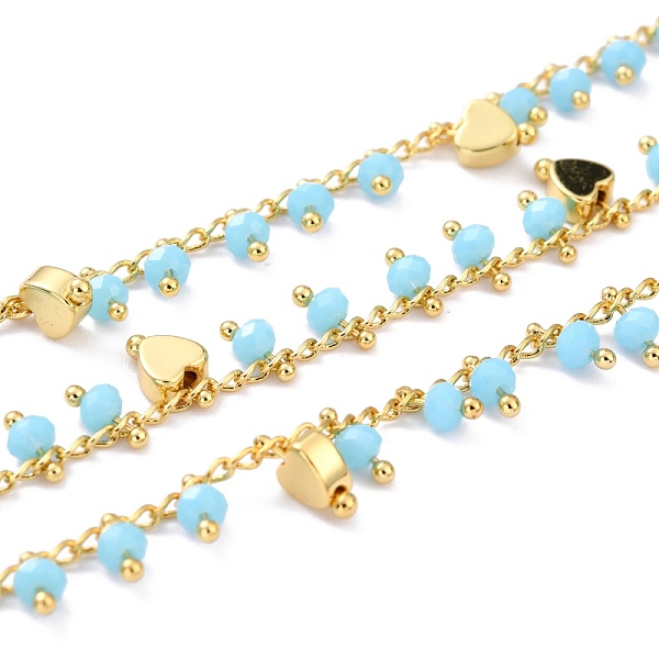 

PandaHall Handmade Glass Beaded Chains, with Golden Brass Finding & Heart Beads, Soldered, with Spool, Long-Lasting Plated, Faceted Round...