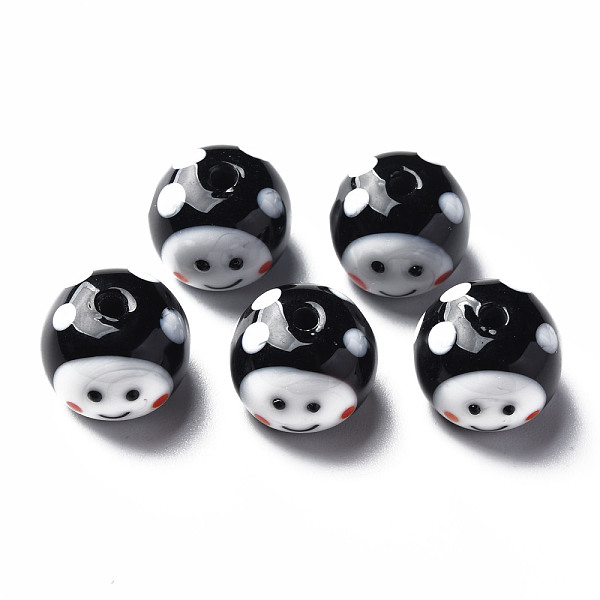 

PandaHall Handmade Lampwork Beads, Round with Cartoon Face, Black, 13~14x10mm, Hole: 2mm Lampwork Round Black