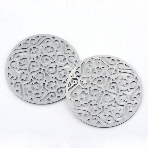 

PandaHall 304 Stainless Steel Filigree Joiners, Flat Round, Stainless Steel Color, 30~30.5x0.5mm, about 235~250pcs/bag Steel Flat Round