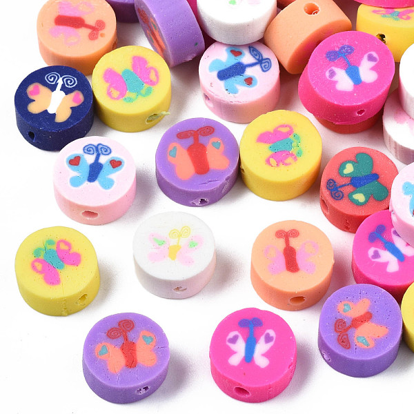 

PandaHall Handmade Polymer Clay Beads, Flat Round with Butterfly, Mixed Color, 9~10x4~5mm, Hole: 1.6mm Polymer Clay Flat Round Multicolor