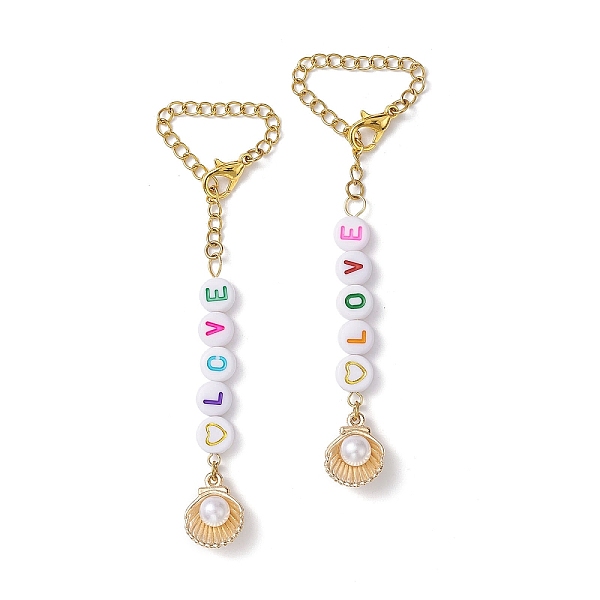 

PandaHall Love Acrylic Cup Charms, with 304 Stainless Steel Chains, Alloy Enamel Shell Charms, Golden, 90mm Alloy Shell Shape