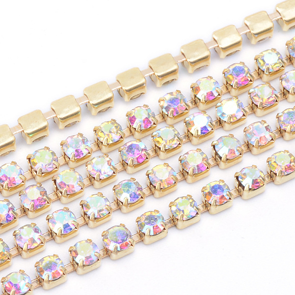 

PandaHall Brass Rhinestone Strass Chains, Rhinestone Cup Chains, Raw(Unplated), Nickel Free, Crystal AB, 2.8mm, about 10yards/bundle..., Clear