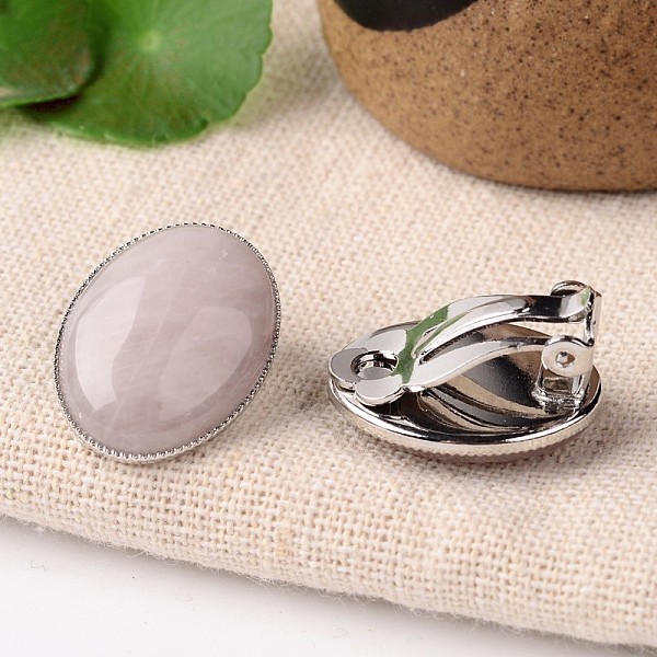 

PandaHall Natural Rose Quartz Oval Clip-on Earrings, with Platinum Plated Brass Findings, 21x15mm Rose Quartz