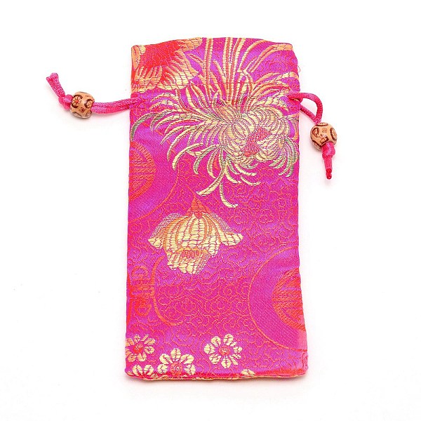 PandaHall Polyester Pouches, Drawstring Bag, with Wood Beads, Rectangle with Floral Pattern, Hot Pink, 16~17x7.8~8x0.35cm Polyester Flower