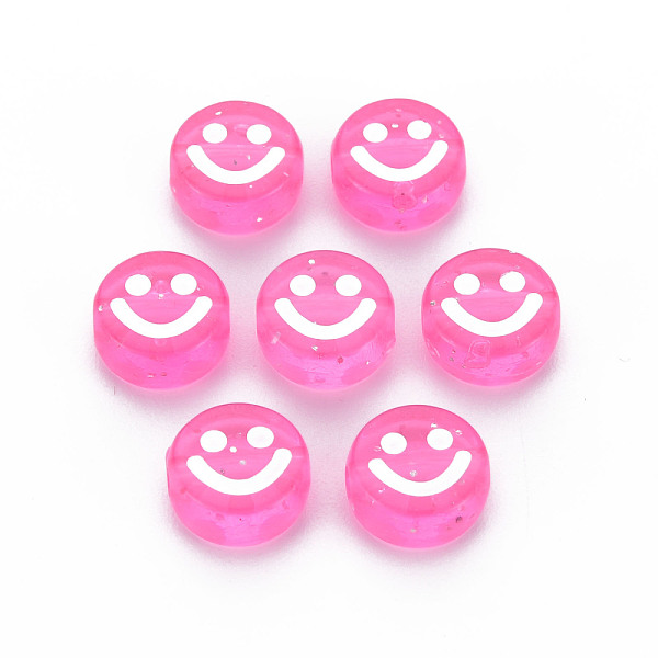 

PandaHall Transparent Acrylic Beads, with Glitter Powder, Flat Round with White Enamel Smile Face, Pearl Pink, 10x5mm, Hole: 2mm, about...