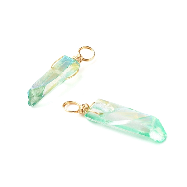 

PandaHall Electroplated Natural Quartz Pendants, with Real 18K Gold Plated Eco-Friendly Copper Wire, Chip, Light Green, 17~44x3.5~8x3~4mm...