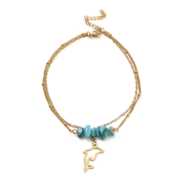 

PandaHall Dyed Natural Shell Chips Charms Anklet, Golden 304 Stainless Steel Chains Double Layer Anklet, Dolphin, 8-7/8 inch(22.5cm) Shell..., Cyan