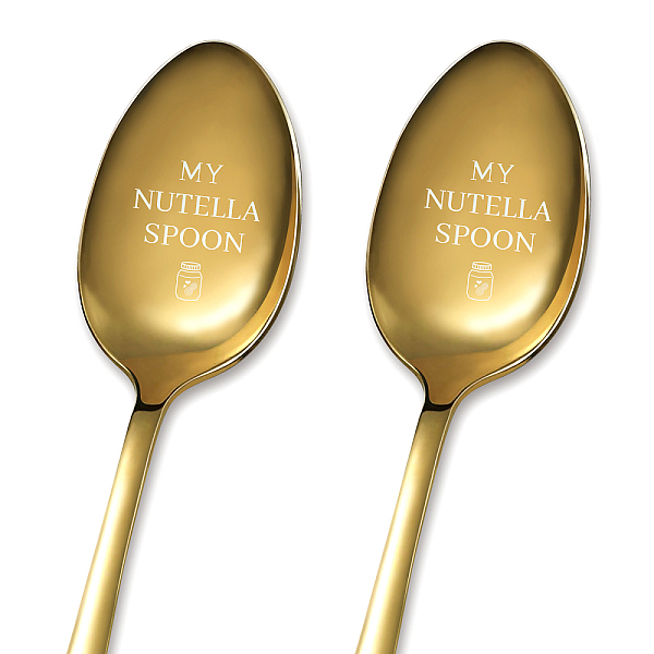 

PandaHall Stainless Steel Spoons Set, with Packing Box, Word MY NUTELLA SPOON, Golden Color, Bottle Pattern, 182x43mm, 2pcs/set Stainless...