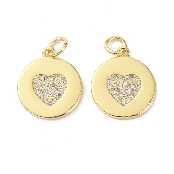 

PandaHall Brass Cubic Zirconia Pendants, with Jump Ring, Long-Lasting Plated, Lead Free & Cadmium Free, Flat Rounnd with Heart Pattren, Real..., Clear