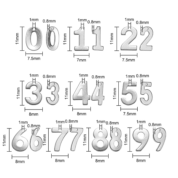 

PandaHall 100Pcs 10 Style 201 Stainless Steel Charms, Number, Stainless Steel Color, 11x6.5~8x0.6mm, Hole: 1mm, 10pcs/style 201 Stainless...