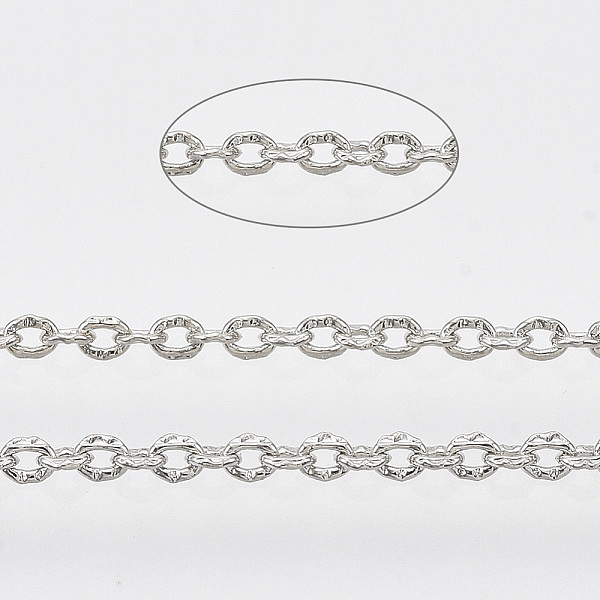 

PandaHall Brass Cable Chains, Textured, Soldered, with Spool, Flat Oval, Platinum, 2x1.4x0.4mm, about 39.37 Feet(12m)/roll Brass