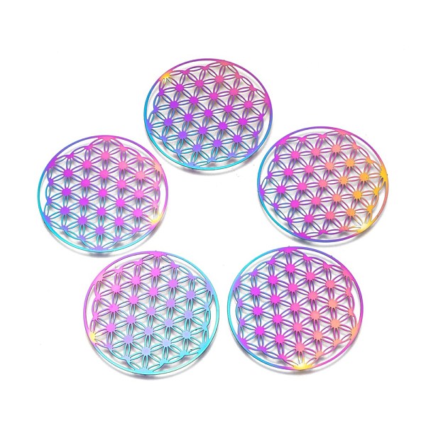 

PandaHall Ion Plating(IP) 201 Stainless Steel Filigree Joiners Links, Etched Metal Embellishments, Flat Round with Flower of Life, Rainbow...