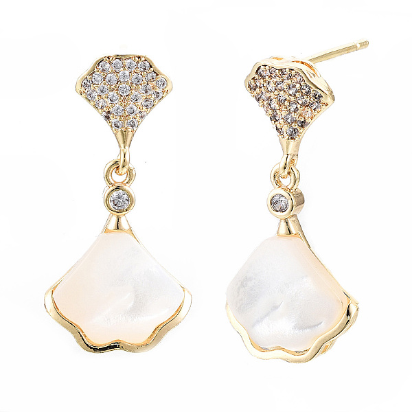 

PandaHall Brass Micro Pave Clear Cubic Zirconia Dangle Stud Earring, with Shell, Fan, Nickel Free, Real 18K Gold Plated, 26x13mm, Pin: 0.8mm...