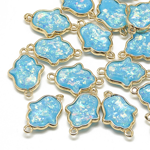 

PandaHall Resin Links connectors, with Golden Tone Brass Findings, Hamsa Hand/Hand , Deep Sky Blue, 20.5x13x4.5mm, Hole: 1mm Brass+Resin...
