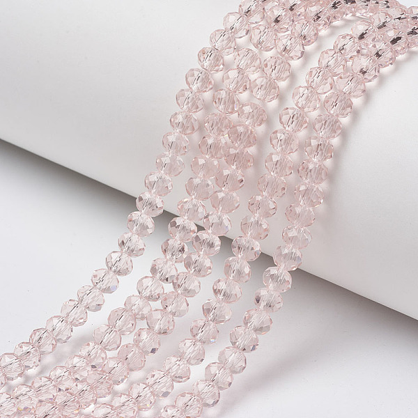 

PandaHall Glass Beads Strands, Faceted, Rondelle, Pink, 4x3mm, Hole: 0.4mm, about 130pcs/strand, 16.54 inch(42cm) Glass Rondelle Pink