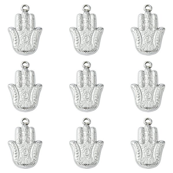 PandaHall 10Pcs 201 Stainless Steel Pendants, Hamsa Hand/Hand of Miriam Charms, Stainless Steel Color, 23x15x4mm, Hole: 2mm 201 Stainless...
