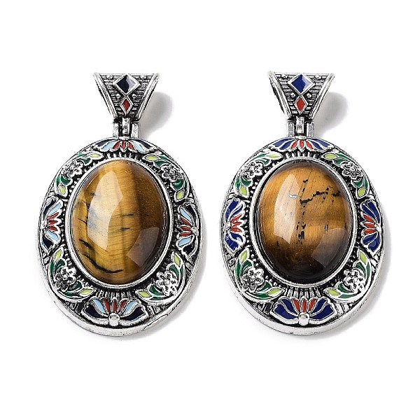 

PandaHall Natural Tiger Eye Pendants, Antique Silver Tone Alloy Enamel Oval Charms, 45x32x12.5mm, Hole: 6.3x5mm Tiger Eye Oval