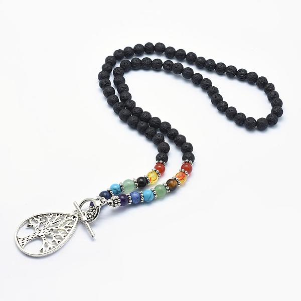

PandaHall Tibetan Style Alloy Pendant Necklaces, with Natural Lava Rock Beads and Toggle Clasps, Teardrop with Tree , 21.2 inch(54cm) Lava..., Black