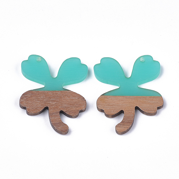 

PandaHall Resin & Walnut Wood Pendants, Clover, Turquoise, 37x28.5x3.5~4mm, Hole: 2mm Resin+Wood Clover Green