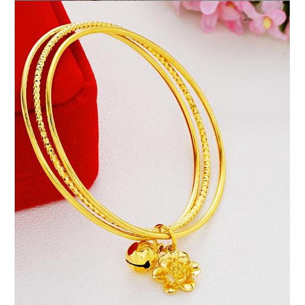 

PandaHall Brass Bell & Flower Charms Triple Loops Bangle, Multi Layer Slip On Bangle, Golden, Inner Diameter: 2-1/2 inch(6.5cm) Brass