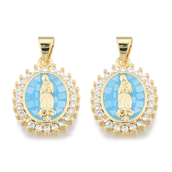 

PandaHall Brass Micro Pave Clear Cubic Zirconia Pendants, with Enamel and Shell, Real 18K Gold Plated, Nickel Free, Oval with Virgin Mary...