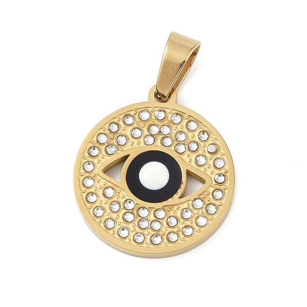 

PandaHall Ion Plating(IP) 304 Stainless Steel Enamel Rhinestone Pendants, Eye Charms, Real 18K Gold Plated, 22.5x20x2.5mm, Hole: 6.5x4mm..., Clear