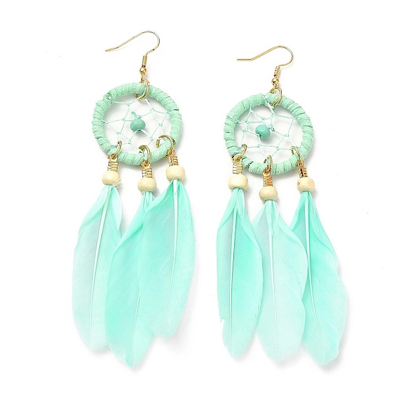 

PandaHall Feather Woven Net Chandelier Earrings, Alloy Long Tassel Drop Earrings for Women, Pale Turquoise, 126mm, Pin: 0.6mm Feather