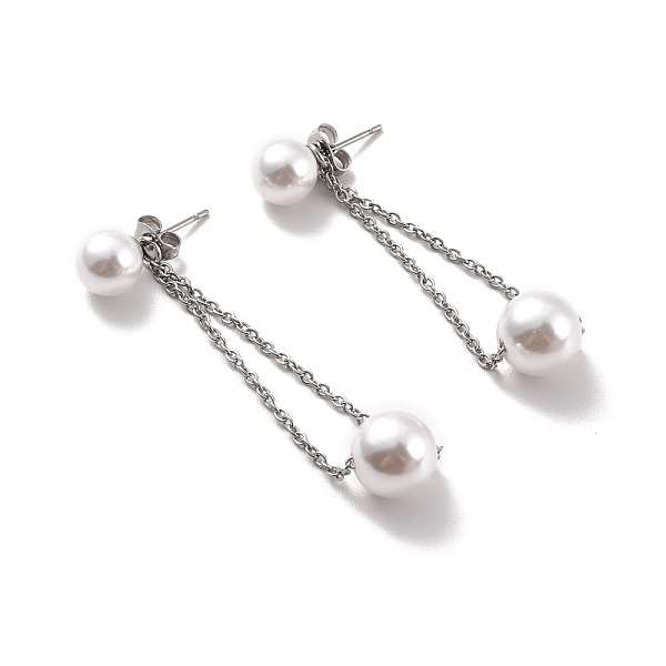 

PandaHall Long Chain with Round Plastic Pearl Dangle Stud Earrings, 304 Stainless Steel Drop Earrings for Women, Stainless Steel Color..., White