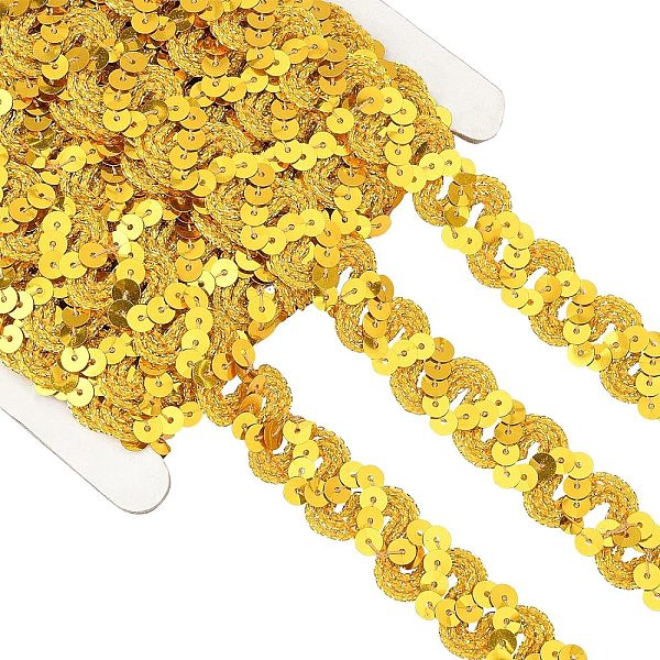 

PandaHall Curtain Polyester Ribbon, with Sequins, Garment Accessories, Gold, 3/4 inch(20.5mm), about 12.03~13.12 Yards(11~12m)/Card...