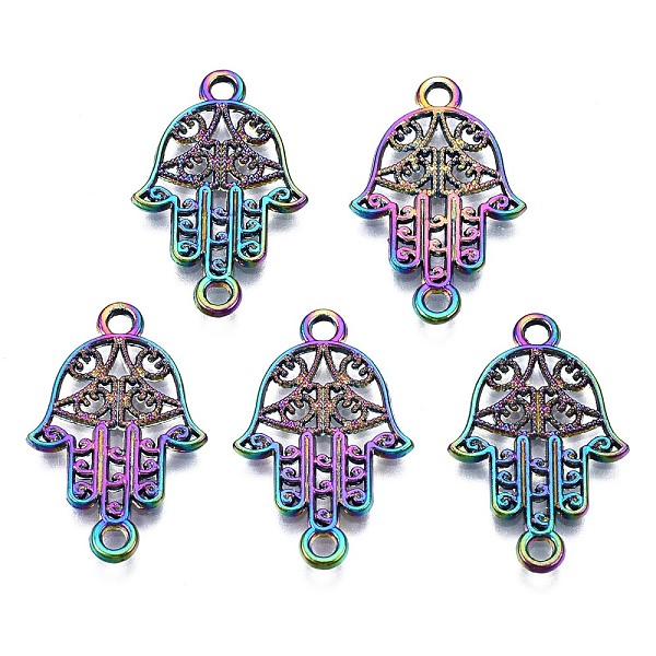 PandaHall Alloy Pendants, Cadmium Free & Nickel Free & Lead Free, Hamsa Hand/Hand of Fatima/Hand of Miriam, Rainbow Color, 23.5x14.5x1mm...