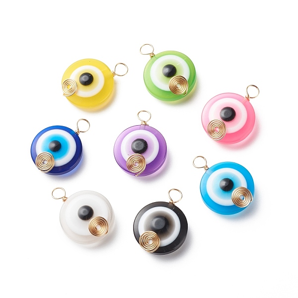 

PandaHall Transparent Evil Eye Resin Pendants, with Copper Wire Wrapped, Mixed Color, Flat Round Charm, Light Gold, 27~27.5x20x9mm, Hole..., Multicolor