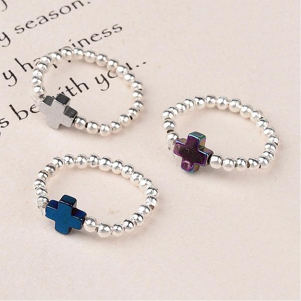 

PandaHall Cross Non-Magnetic Synthetic Hematite Beaded Stretch Rings, Mixed Color, 20mm Non-magnetic Hematite Multicolor