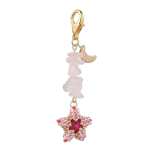 

PandaHall TOHO Seed Pendant Decorations, with Natural Rose Quartz Beads and Pointed Back & Back Plated K9 Glass Rhinestone Cabochons, Zinc..., Pink