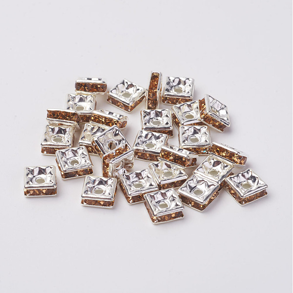 

PandaHall Brass Rhinestone Spacer Beads, Grade A, Silver Color Plated, Square, Light Colorado Topaz, 6x6x3mm, Hole: 1mm Brass+Rhinestone...