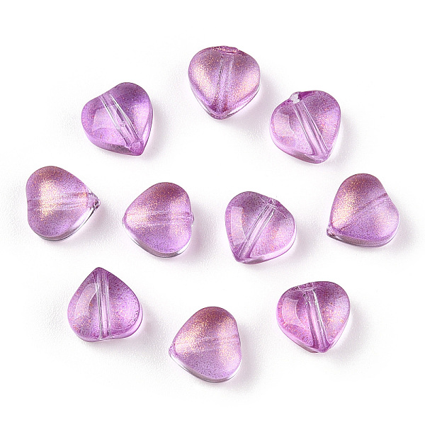 

PandaHall Transparent Spray Painted Glass Beads, with Glitter Powder, Heart, Orchid, 6x6x4mm, Hole: 0.7mm Glass Heart Purple