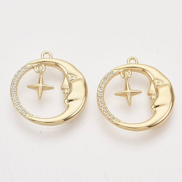 

PandaHall Brass Micro Pave Clear Cubic Zirconia Pendants, Nickel Free, Moon and Star, Real 18K Gold Plated, 18.5x17x2mm, Hole: 1.2mm, star...
