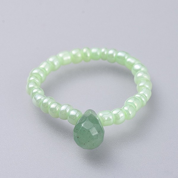 PandaHall Natural Green Aventurine Stretch Finger Rings, with Glass Seed Beads, Teardrop, Size 8, 18mm Green Aventurine